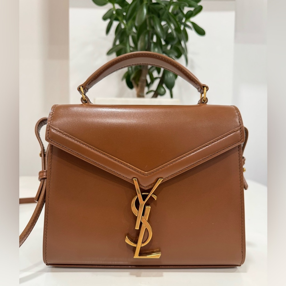 SAINT LAURENT Cassandre Mini Monogram YSL Box Calf Top-Handle Bag in Brown/ Fox
